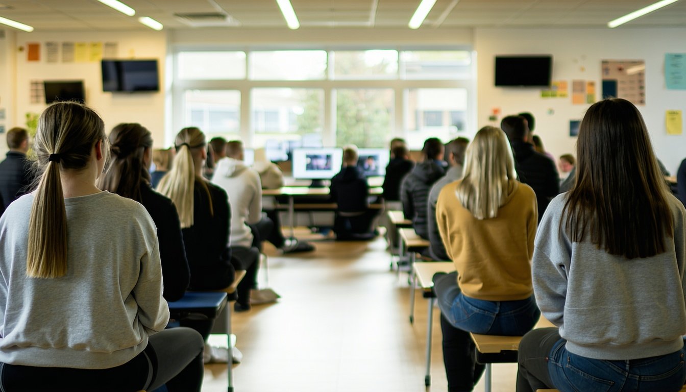 Erwachsene in einer Umschulungs-Werkstatt, Blick von hinten